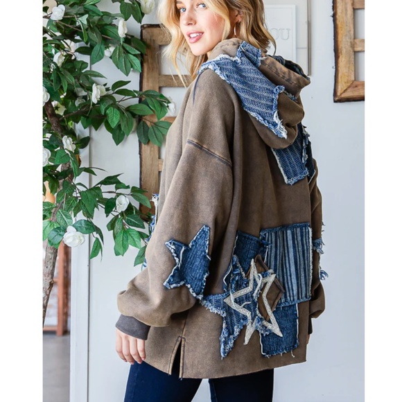 Oli & Hali Star Denim Patchwork Mineral Wash Hoodie Sweater - Picture 1 of 7